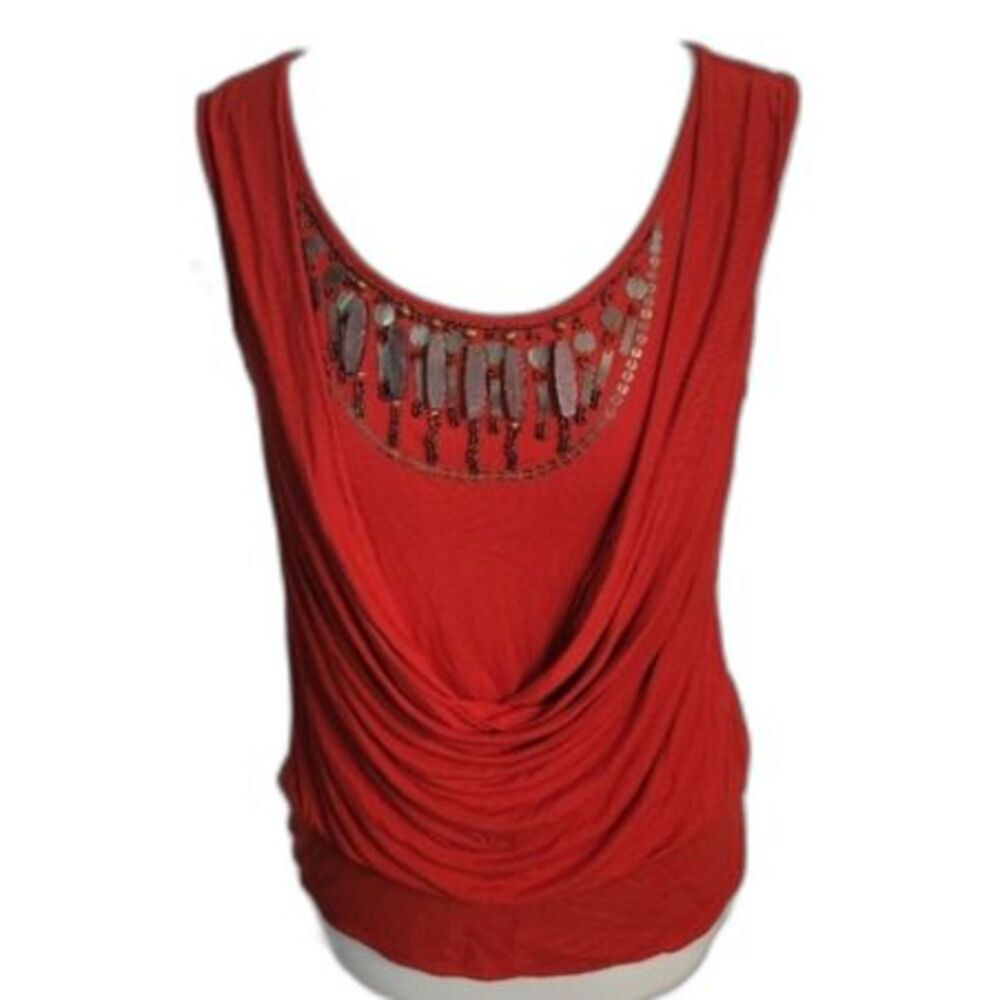 New York & Company Stretch Sleeveless Blouse Sz M Draped Cowl neckline Tribal